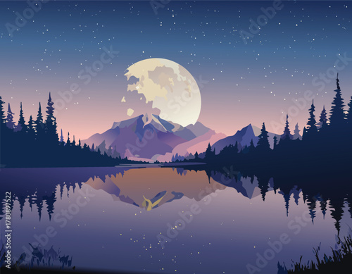 Full moon over mountain lake with forest and starry sky reflection