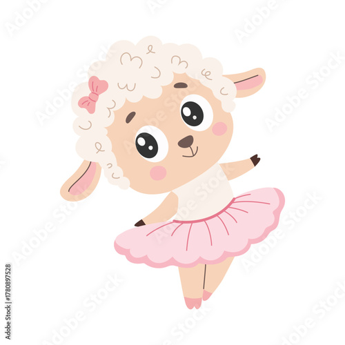 A cute animal is doing ballet. Cute little lamb ballerina in pink tutu vector illustration