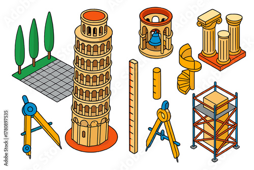 Pisa Monument Icons. Isometric vector illustration set Historical monuments – Leaning Tower of Pisa columns, spiral stairwell,