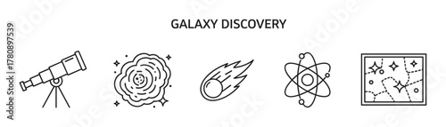 Black outline vector icons of a telescope, galaxy, comet, atom, and constellation map, representing astronomy and space exploration themes.