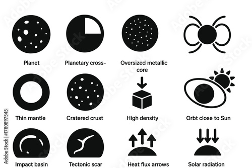 Mercury's Core Dynamics. Solid style icons of Mercury's giant core: Mercury globe, planetary cross-section, oversized metallic
