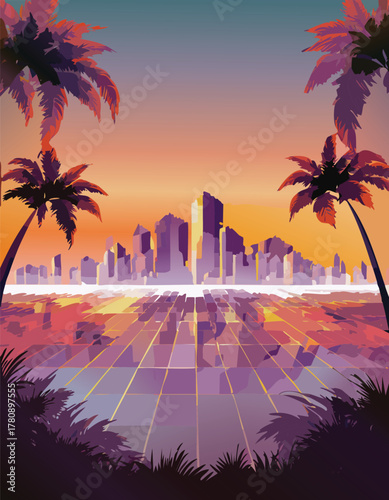 Vaporwave city with palm trees and a sunset sky in the background