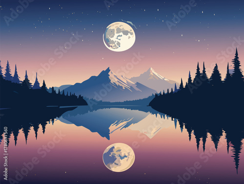 Full moon over mountain lake with forest and starry sky reflection
