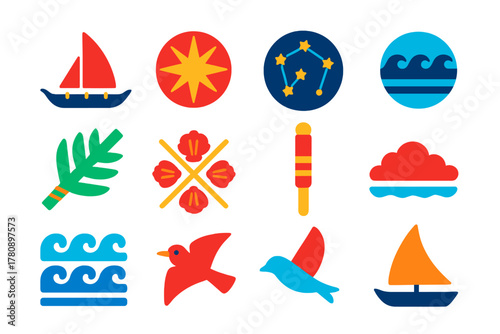 Polynesian Wayfinding Icons. Flat vector icons of Polynesian wayfinding: canoe, outrigger, star compass, constellation map, ocean