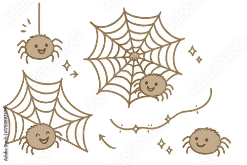 Joyful Spider Web Doodles. Cute doodle variation in silk types with cheerful spiders, cartoon webs of different shapes, smiling