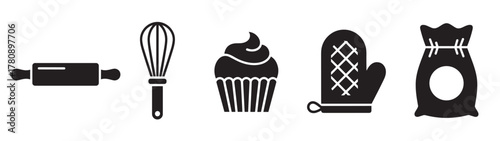 Black silhouette icons of a rolling pin, whisk, cupcake with frosting, oven mitt, and a bag of flour, representing baking essentials.