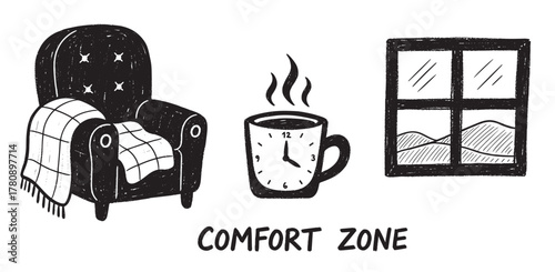 Black and white sketch of a comfortable armchair with a blanket, a steaming coffee cup, and a window view of mountains, symbolizing comfort and relaxation.
