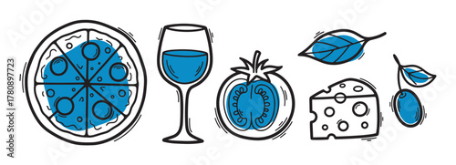 Colorful hand-drawn icons of a pizza, wine glass, tomato, cheese, leaf, and olive, symbolizing italian cuisine and mediterranean flavors.