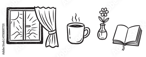Black outline vector icon set featuring a sunny window with curtains, a steaming cup, a small flower in a vase, and an open book.