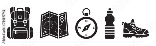 Black silhouette icons of essential hiking gear including a backpack, a folded map, a compass, a water bottle, and a hiking boot in a row.