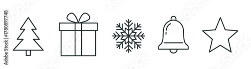 Black outline icons of a christmas tree, gift box, snowflake, bell, and star, representing holiday themes in a simple design.