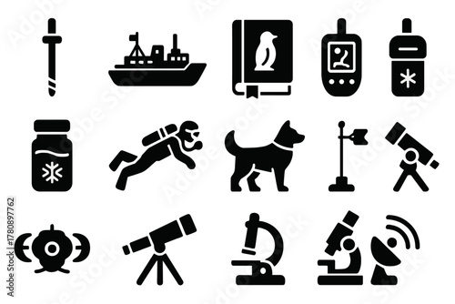Antarctic Research Icons. Solid style icons of Antarctic research: ice corer, research vessel, field notebook, GPS tracker, sample