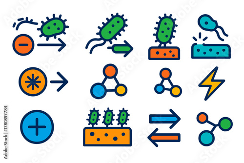 Microbial-Metal Interaction Icons. Flat vector icons of microbial-metal interactions: electron transfer, ion arrow, bacterial