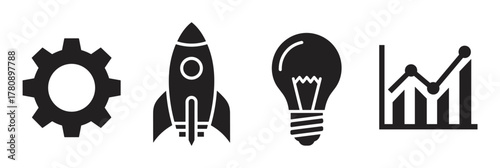 Black silhouette icons of a gear, rocket, light bulb, and graph, representing technology, innovation, and growth concepts.