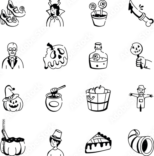 Set of Halloween and Thanksgiving Hand Drawn Icons 