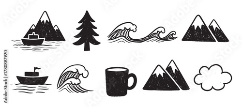 Hand-drawn black and white illustrations of mountains, trees, waves, cloud, boats, and a coffee mug, depicting outdoor and nature themes in a simple style.