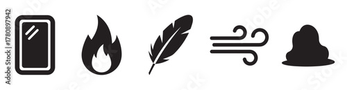 Black silhouette icons representing the four classical elements: earth, fire, air, and water, alongside a rectangular mirror symbol.