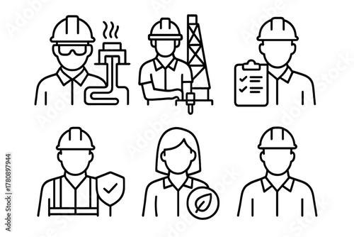 Geothermal Workforce Icons. Line style icons of geothermal workforce and roles: geothermal engineer, drilling technician, site