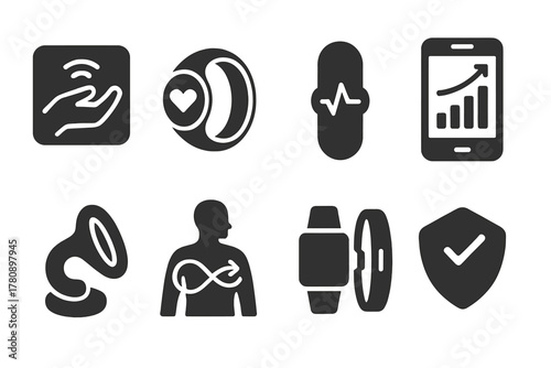 Biofeedback Tools Icons. Solid style icons of hormetic biofeedback tools: stress sensor glyph, HRV monitor ring, skin response