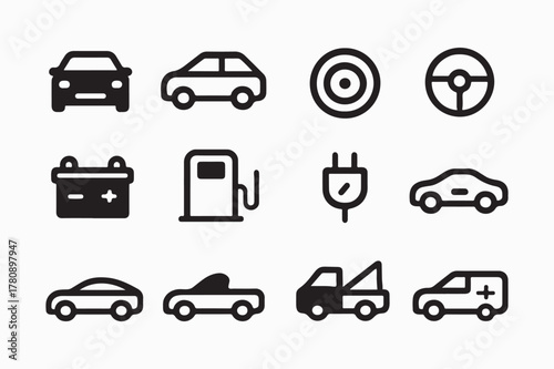 vector set of car and transportation icons including sedan truck van bus and taxi for travel and vehicle design