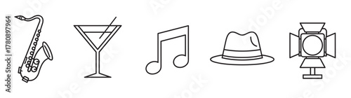 Black outline icons of a saxophone, martini glass, musical note, fedora hat, and stage light, representing music, nightlife, and performance themes.