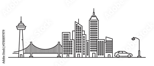 Black outline vector illustration of a simple urban cityscape featuring skyscrapers, a bridge, a tower, and a car on a plain white background.