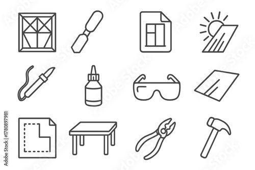 Window Design Tools. Line style icons of Window Design: Lead Frame, Glass Cutter, Cartoon Draft, Light Rays; Soldering Iron, Flux,