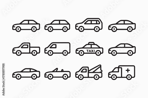 vector set of car icons including sedan truck van and bus for transportation and travel design