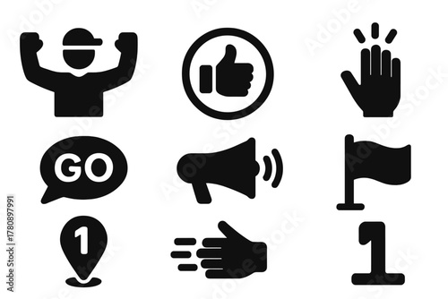 Motivational Signal Icons. Solid style icons of motivational signals and cues: coach cheering behind icon, flipped gesture badge,
