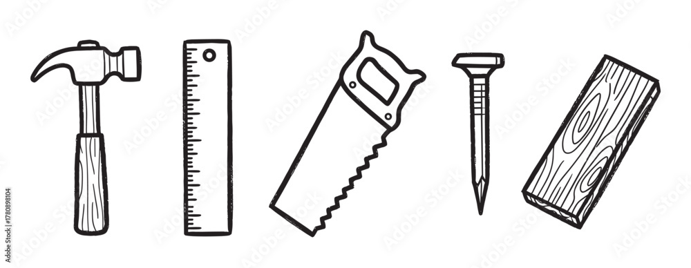 Fototapeta premium Black outline icons of a hammer, ruler, saw, nail, and piece of wood, representing essential carpentry tools and woodworking materials.