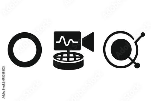 Theoretical Extrapolation Icons. Solid style icons of theoretical extrapolation: beyond-photo ring, simulation data slab, future