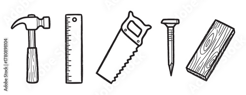 Black outline icons of a hammer, ruler, saw, nail, and piece of wood, representing essential carpentry tools and woodworking materials.