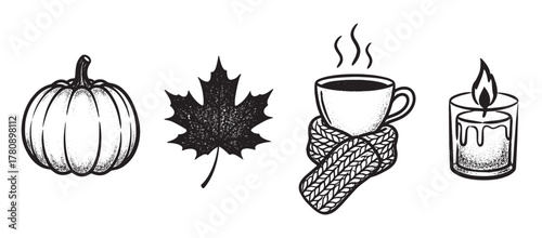 Hand-drawn illustration featuring a pumpkin, maple leaf, steaming cup with scarf, and candle with flame, representing autumn motifs.