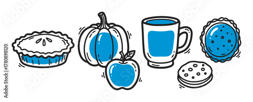 Hand-drawn vector icons of a pumpkin, apple, pie, coffee mug, cookie, and tart, each with playful blue accents and simple design.