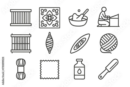Fabric Making Icons. Line style icons of Fabric Making: Reed, Decorative Pattern, Dyeing, Traditional Method; Loom, Spindle,