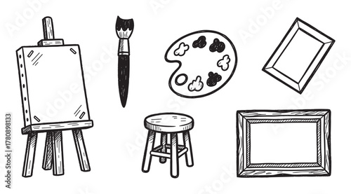 Black and white hand-drawn set of art supplies including an easel, stool, paintbrush, paint palette, and picture frames.
