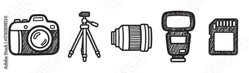 Hand-drawn black outline icons of a camera, tripod, camera lens, flash unit, and memory card, representing essential photography equipment.
