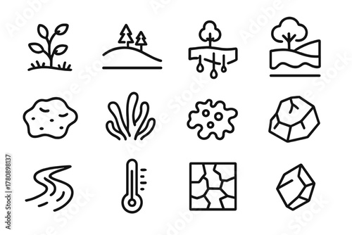 Climate Monitoring Icons. Line style icons of Climate Monitoring: Shrub Growth, Tundra, Permafrost Thaw, Changing Landscape; Snow