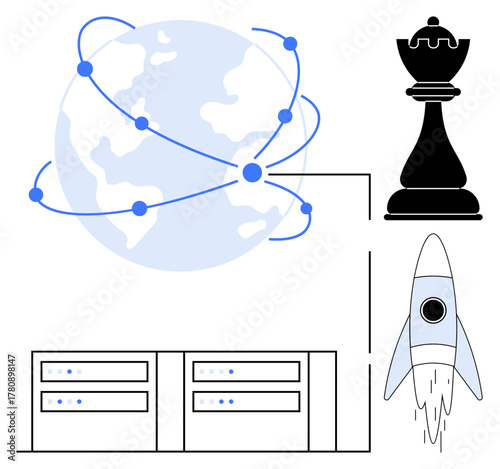 Globe with network lines, chess piece, rocket, and servers representing connectivity, strategy, innovation, growth, leadership data and technological progress. Ideal for business IT startups