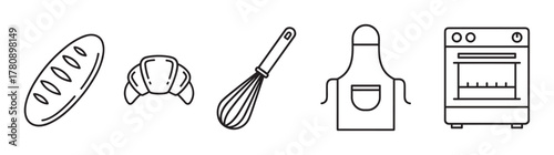 Black outline vector icons of bread, croissant, whisk, apron, and oven representing baking and culinary tools.
