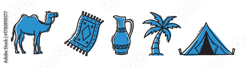 Blue and black outline icons featuring a camel, a patterned rug, a decorative jug, a palm tree, and a triangular camping tent.
