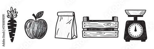 Hand-drawn black and white icons of a carrot, apple, paper bag, wooden crate, and vintage scale representing various grocery items.