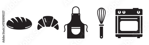 Black silhouette icons of baking tools and pastries, including a loaf of bread, croissant, apron, whisk, and oven, arranged in a row.