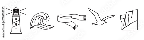 Black outline vector icons of a lighthouse, ocean wave, scarf, seagull, and cliff, representing nautical and coastal themes.