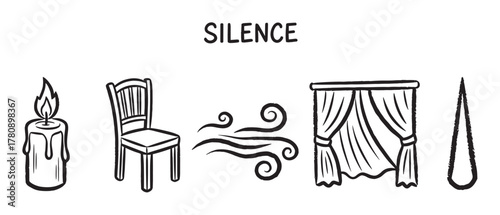 Hand-drawn illustrations of a melting candle, a wooden chair, flowing wind, curtains, and a teardrop, accompanied by the word silence.