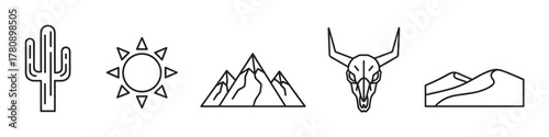 Black outline icons depicting a cactus, a sun with rays, a mountain range, an animal skull with horns, and rolling sand dunes.