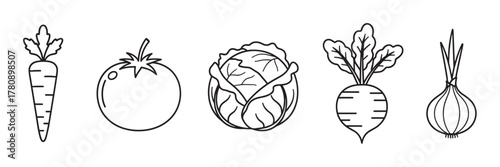 Black outline icons of various vegetables including carrot, tomato, cabbage, beet, and onion, illustrating healthy food concepts.