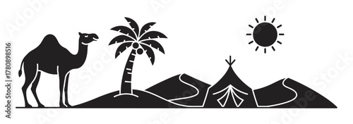 Black silhouette of a camel standing next to a palm tree, with a sun overhead and a tent in the desert landscape.