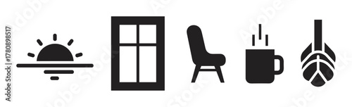 Black silhouette icons of a sun setting, a window panel, a chair, a steaming mug, and a hops symbol.