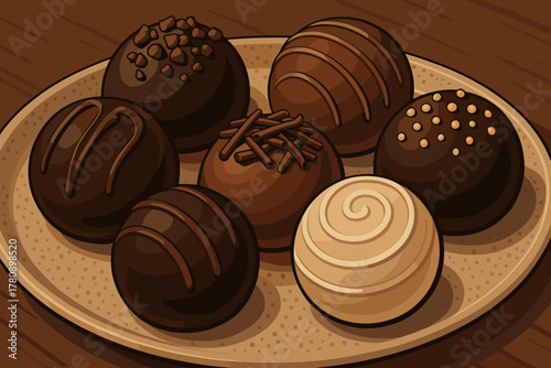 Gourmet Chocolate Truffles. Close-up of vector illustration gourmet chocolate truffles arranged on a textured plate, rich and